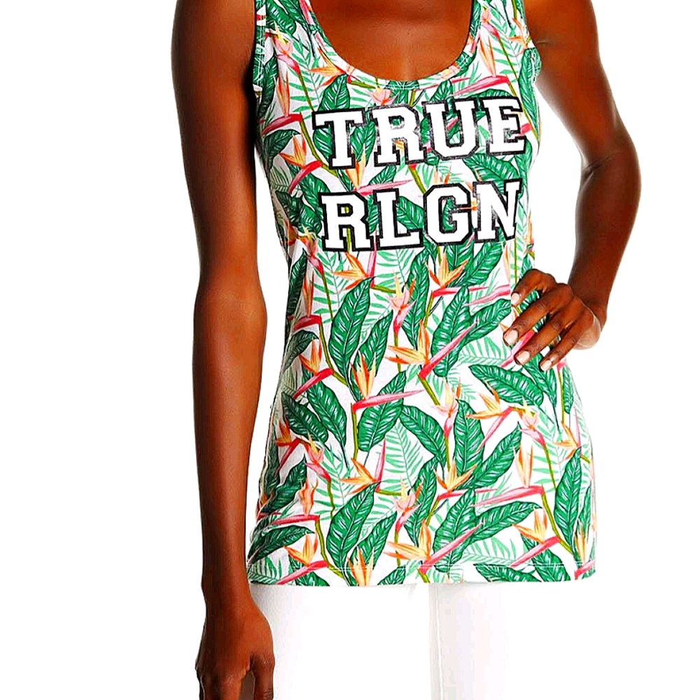 True Religion graphic tropical floral scoop neck tank top size small NWT